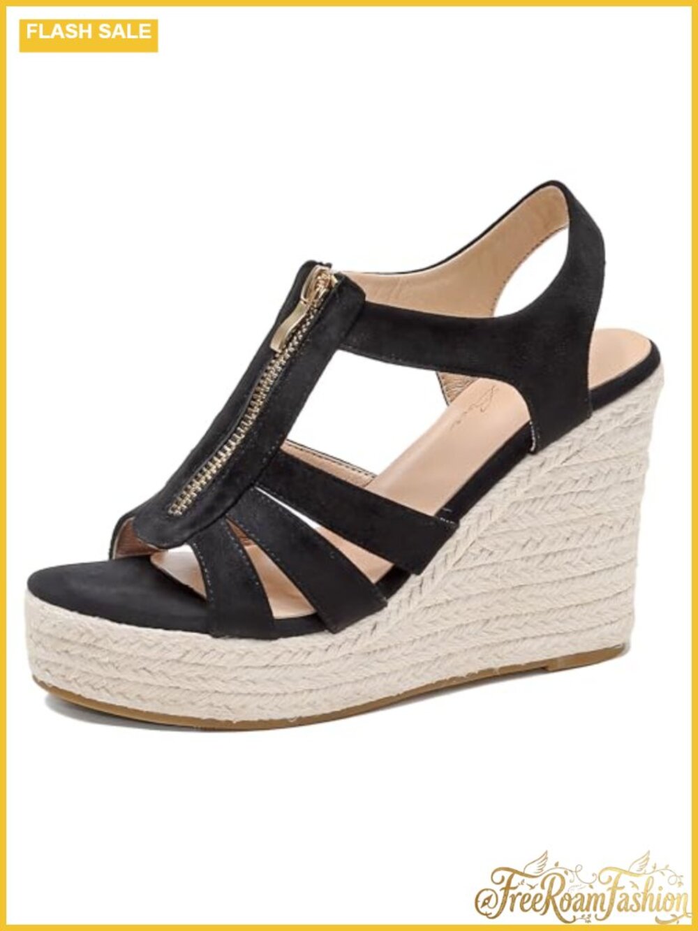 Womens Front Zipper Espadrille Wedge Sandals Open Toe Slingback 4 Inch Heel